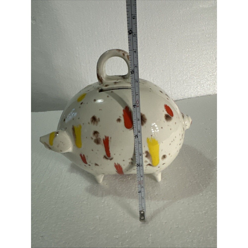 Vintage Ceramic Piggy Bank Coin Splatter Drip Glaze Red, Yellow Cream 1970s - Picture 9 of 9